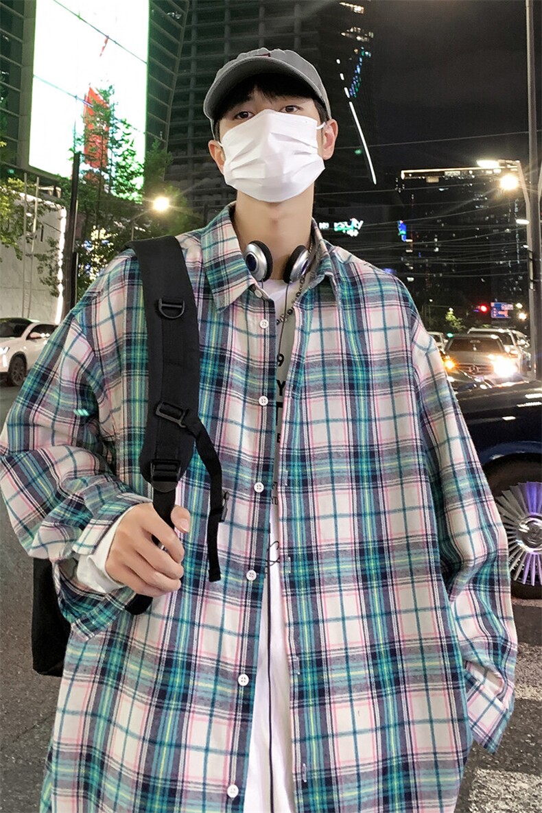 特批2026春款港风夜景长袖小方格衬衫S80P38控55,男装衬衫,电商A247
