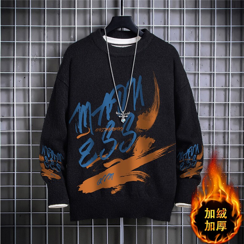 1日系圆领宽松中性情侣潮流大码M-5XL印花毛衣男7922P55加绒P70，男装针织衫/毛衣，星座226-2