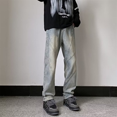 高街美式复古拼接牛仔裤男宽松直筒hiphop垂坠感显瘦裤子-N4022，男装牛仔裤，星座601-2