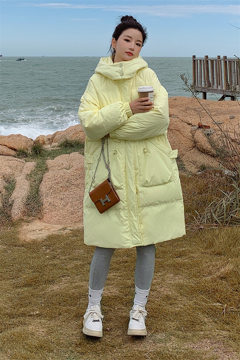 冬装奶黄色加厚中长款面包棉服,女装棉衣/棉服,菡迪欧娜