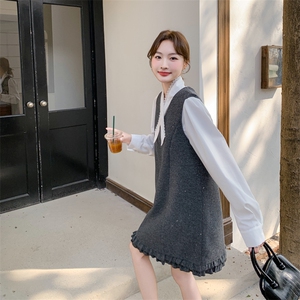 高级通勤风穿搭灰色背心连衣裙女春秋独特漂亮气质衬衫中长裙套装图片