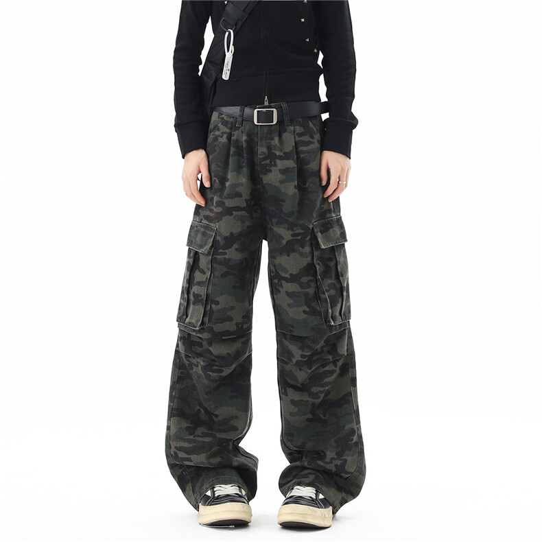 美式高街迷彩多口袋工装裤男潮牌复古阔腿百搭直筒弯刀微喇休闲裤，男装工装外套，星座302B