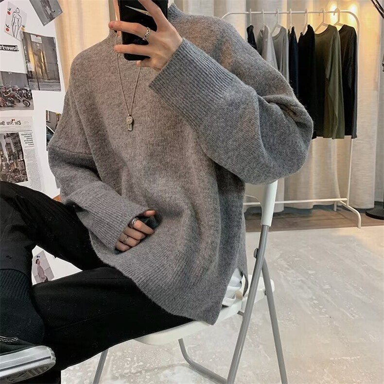 慵懒风宽松开叉圆领毛衣男纯色套头毛衣打底针织衫 MY621-P38图片