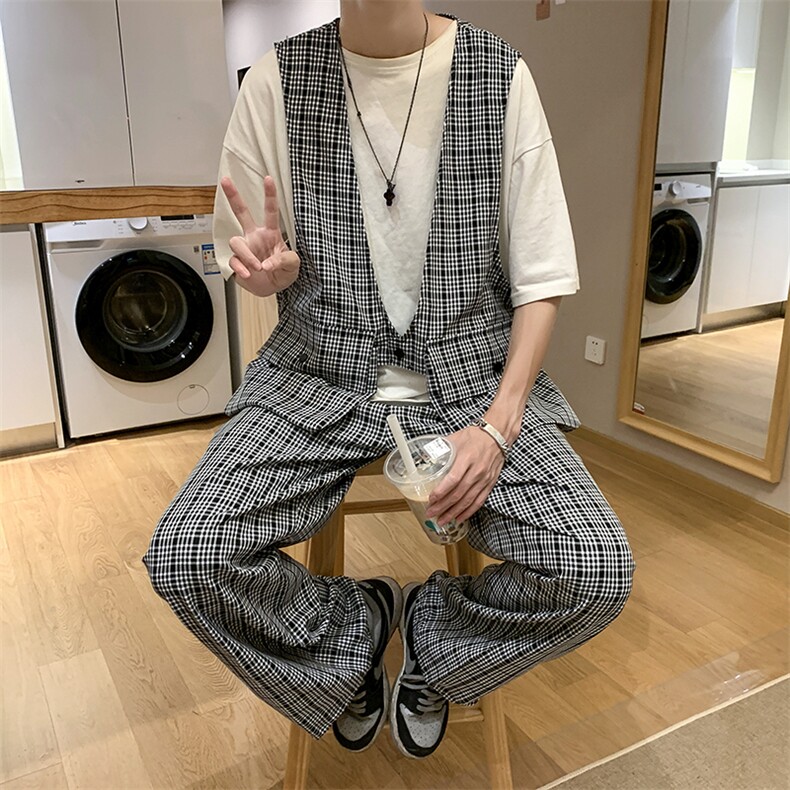 2021韩ins设计感格子马甲短裤套装男坎肩五分裤两件套W987-P55,男装背心/马甲,星座512-2