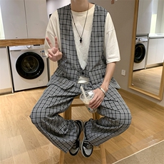2021韩ins设计感格子马甲短裤套装男坎肩五分裤两件套W987-P55，男装背心/马甲，星座512-2