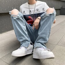 嘻哈潮牌直筒宽松阔腿裤高街vibe破洞牛仔裤男3XL大码 K3217-P38图片