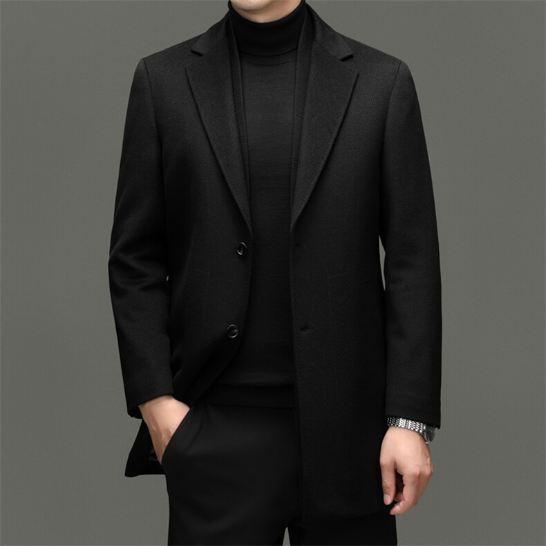 高端中年绵羊毛白鹅绒内胆翻领大衣秋冬中老年羊毛双面呢外套，男装毛呢大衣，钱塘723