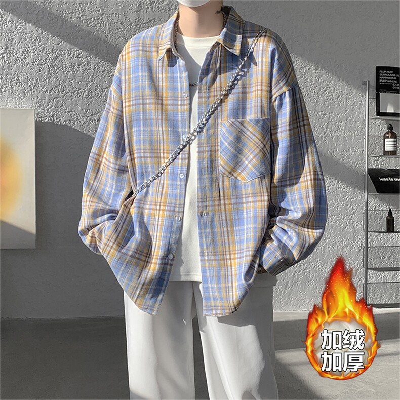 加绒衬衫男冬季新款港风宽松磨毛格子长袖衬衣JR06-特P35，男装衬衫，星座214-3