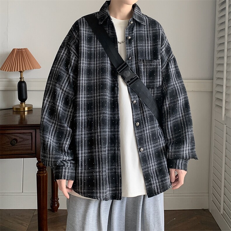 D8879-P50美式复古格子衬衫男女外套春秋季设计感宽松衬衣上衣潮,男装衬衫,星座603-2