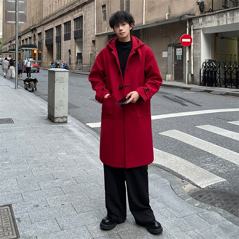 秋冬牛角扣连帽毛呢大衣男休闲宽松风衣外套MN00706/P125加棉P135，男装风衣，电商B316
