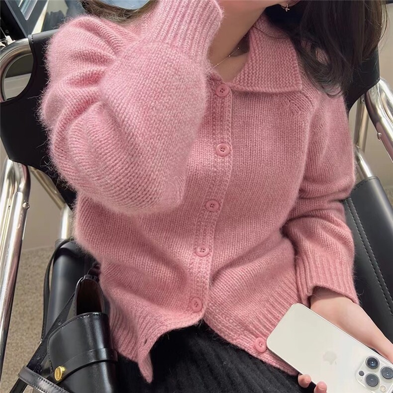 乳白色拼接翻领毛衣外套秋冬韩系慵懒宽松开衫外穿上衣,针织衫/毛衣,半城羊绒