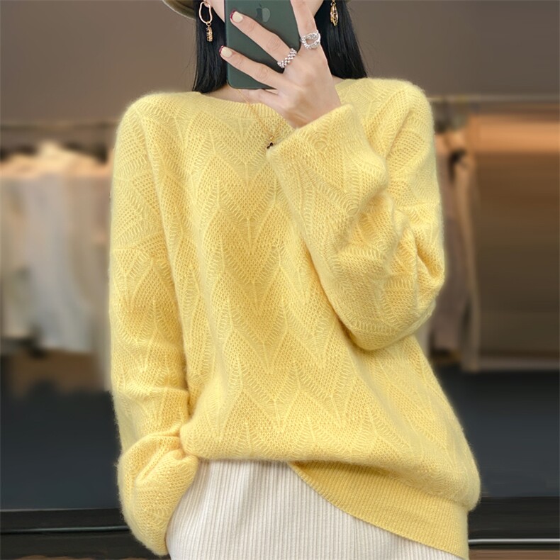 25秋冬新款100%羊毛衫圆领绞花加厚毛衣女宽松慵懒羊绒针织打底衫,女装羊毛衫,忠诺羊绒