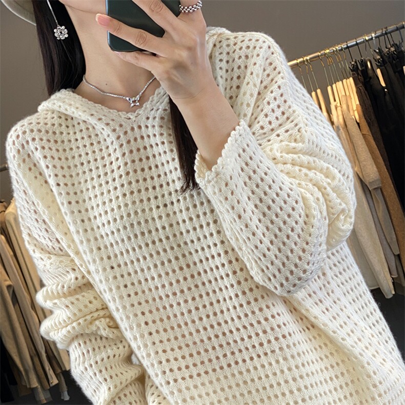 2025秋冬百搭时尚简约镂空圆领带帽衫羊毛衫，女装羊毛衫，浙麦羊绒