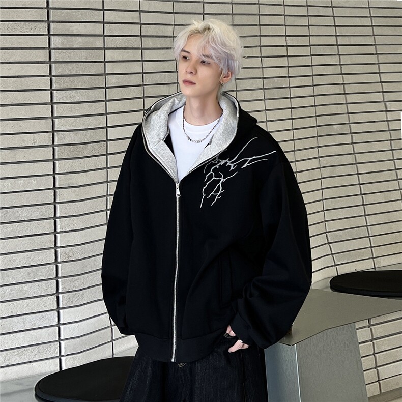 开衫卫衣男秋季宽松重磅长袖2025新款刺绣拉链连帽外套JK6031-P78,女装短外套,电商C307