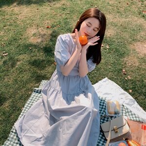 2025夏装新款中长款修身显瘦短袖连衣裙修身圆领裙子女装长裙甜美