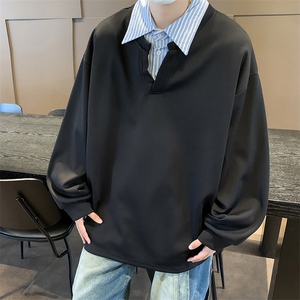 秋款男假两件卫衣条纹衬衫V领宽松休闲外套WY104 P45图片