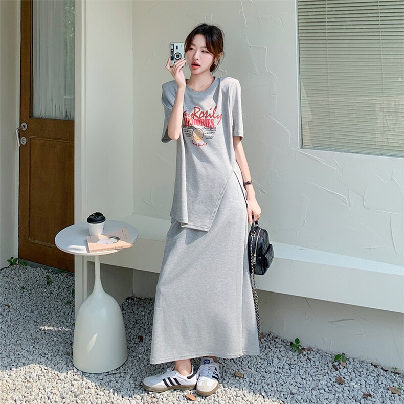 灰色印花T恤套装裙女2025夏季新款学院风休闲开叉半身裙两件套潮,女装套装/套裙,2C095