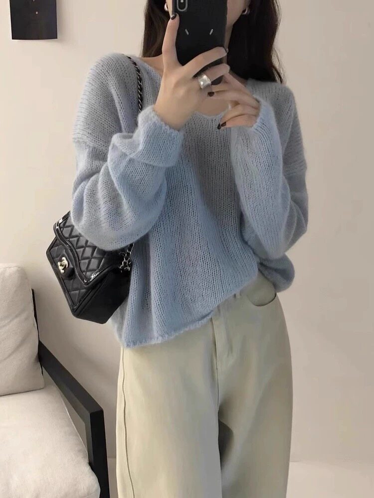 简约风V领毛衣女宽松显瘦羊毛衫秋冬季新款百搭长袖上衣,女装羊毛衫,恩泰羊绒