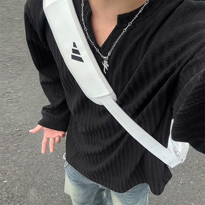 美式高街千鸟格子长袖T恤男女亨利V领英伦雅痞休闲宽松长袖打底衫图片