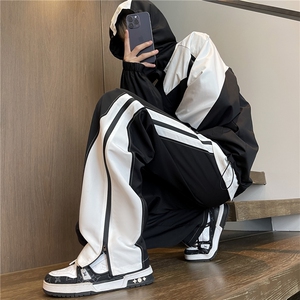 美式高街设计款侧拉链长裤撞色拼接直筒裤子A061-AX00231-P65控98图片