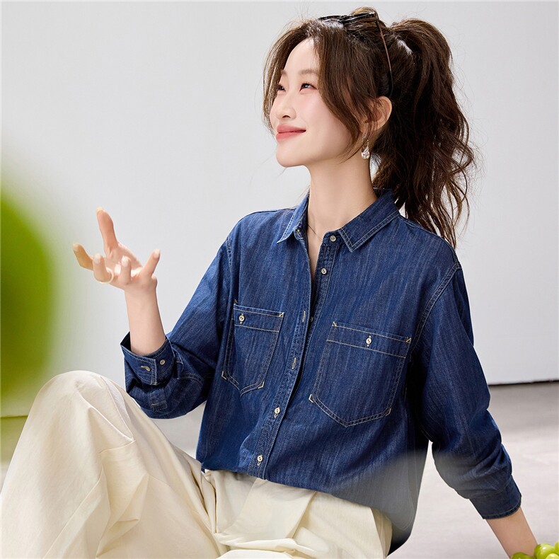 2026早春新款复古蓝牛仔衬衫女宽松显瘦双口袋衬衣百搭叠穿韩系,女装衬衫,艾米