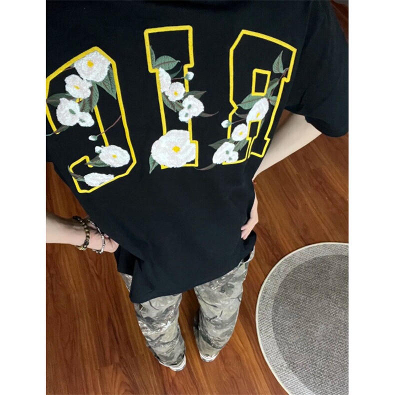 美式复古山茶花语刺绣t恤短袖男款夏季潮牌高街黑色潮半袖女,男装T恤,星座601-1