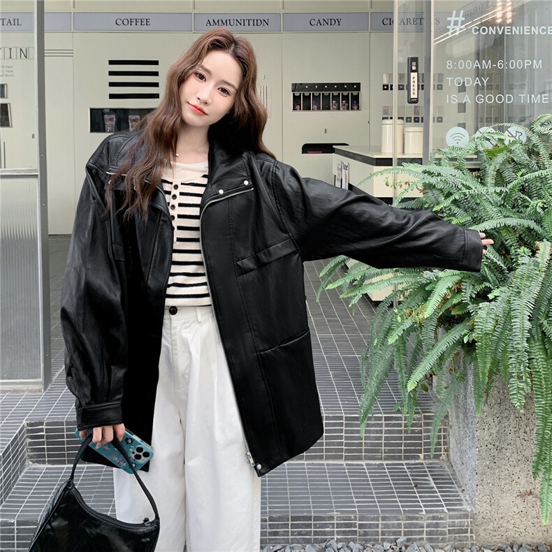 黑色立领酷飒复古风宽松皮衣女2025秋季日系高级感中长款夹克上衣,女装皮衣,2C273
