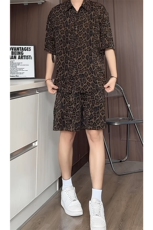 度假风豹纹冰丝衬衫短裤套装男款垂感运动休闲健身沙滩速干衣短袖，男装牛仔裤，星座226-1