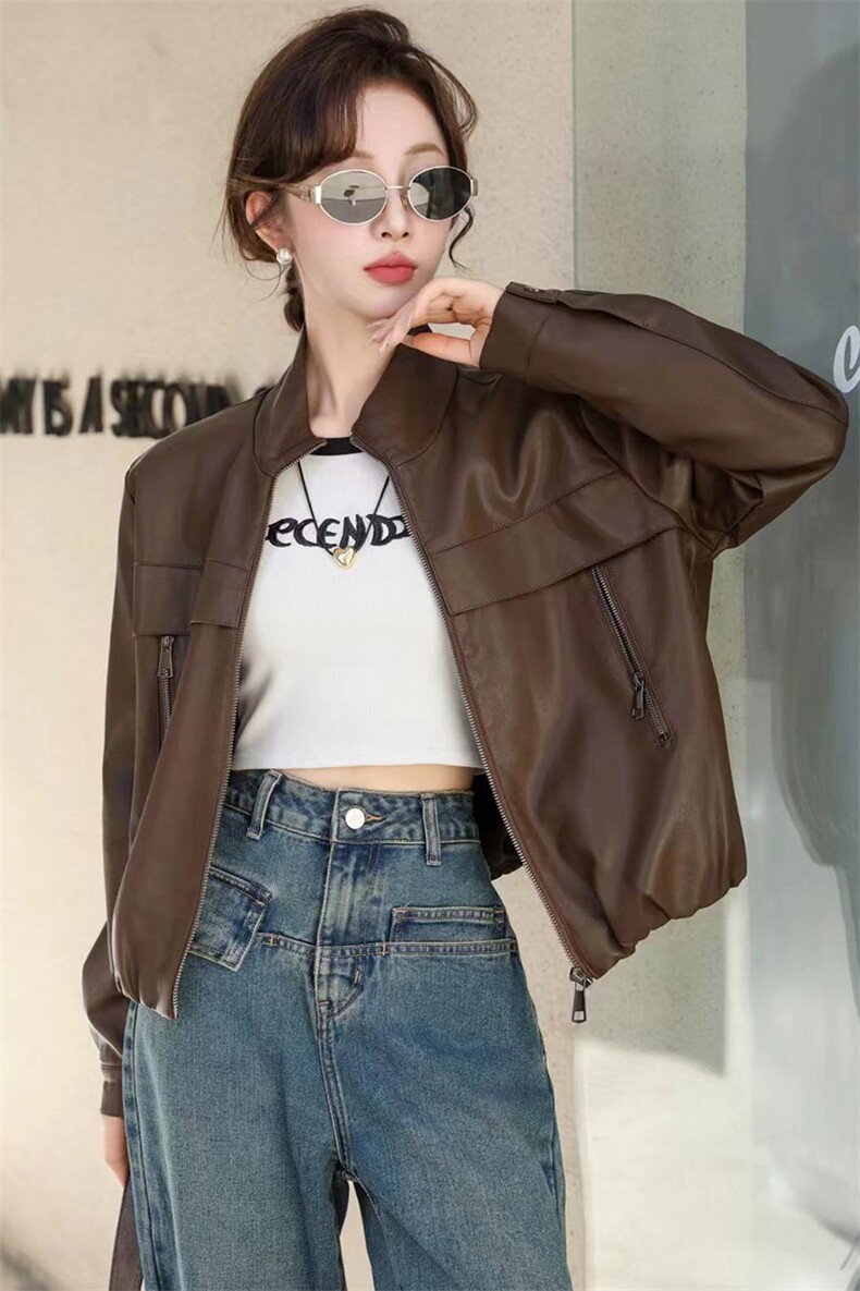 2025新款秋秋宽松显瘦休闲皮衣夹克中古机车立领外套女咖色pu夹克,女装皮衣,潮流依族