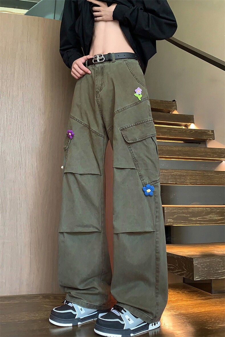 立体解构花朵装饰工装休闲裤男女潮牌宽松直筒长裤K8617-特价P70,男装工装外套,电商A007