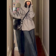 美式复古蝴蝶提花拉链开衫毛衣男女冬季潮牌街头慵懒宽松针织外套，女装针织衫/毛衣，星座218-8