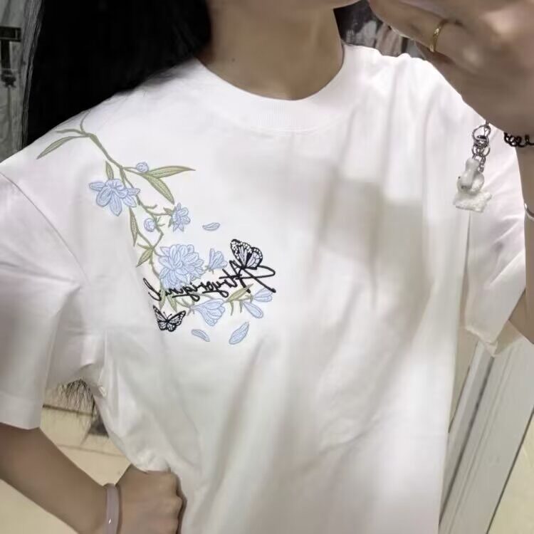 2025新款蓝花卉刺绣字母短袖t恤女潮牌设计感小众纯棉半袖上衣,男装T恤,星座1210-1