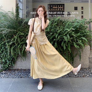 新中式国风提花连衣裙女2025夏季日系慵懒感气质拼接假两件连衣裙图片