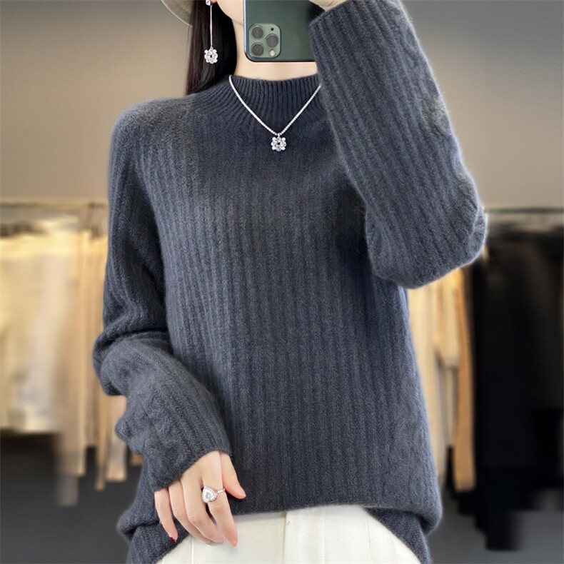 23新款秋冬100%羊绒衫女高领坑条宽松百搭套头毛衣羊毛针织打底衫图片