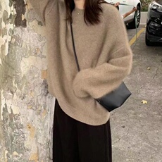 落肩圆领女重磅加厚套头长袖毛衣宽松慵懒减龄针织打底衫，女装针织衫/毛衣，半城羊绒