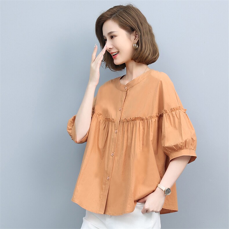 2021夏季新款简约时尚气质圆领单排扣门襟花边褶皱休闲上衣，女装T恤，悦见她