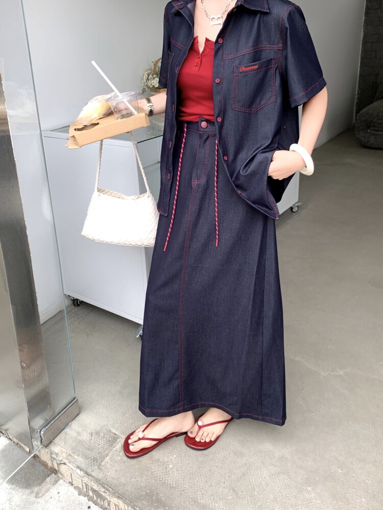（新款现货）2026夏装短袖大版宽松明线天丝牛仔套装两件套,女装套装/套裙,印象茜