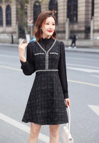 【现货】2021春装假两件小香风高腰显瘦连衣裙,女装连衣裙,伊洛姿