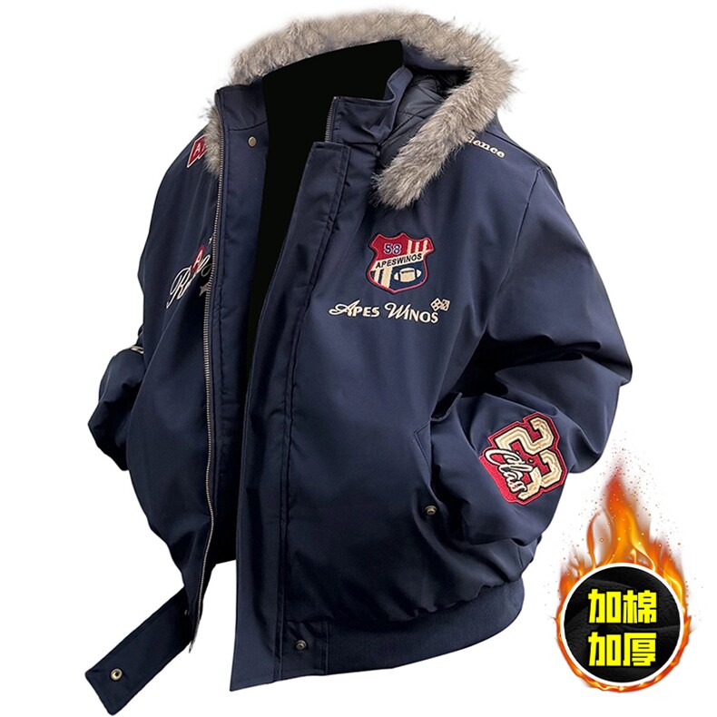 现货高品质美式高街重磅刺绣座山雕大毛毛领棉衣男女加厚棉服外套，男装棉衣，电商A443