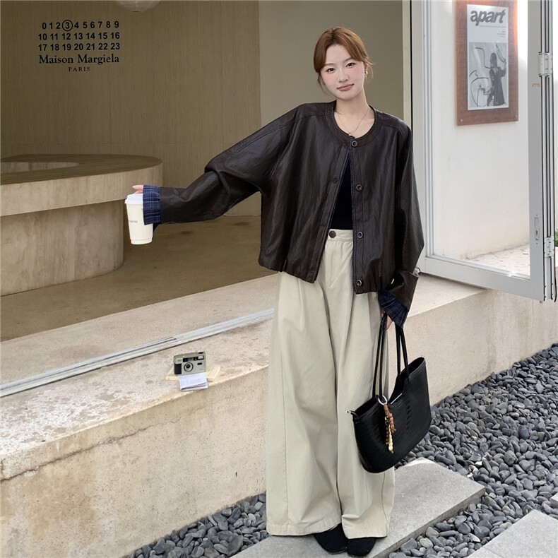 高级感咖色皮衣外套女2025新款宽松无领独特超好看PU皮夹克,女装皮衣,2C159