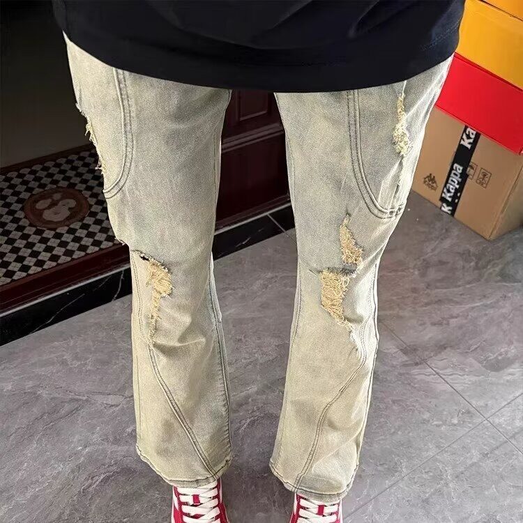 美式街头破洞贴布直筒牛仔裤男士潮牌夏季水洗垂感高街浅色裤子男,男装牛仔裤,星座506A
