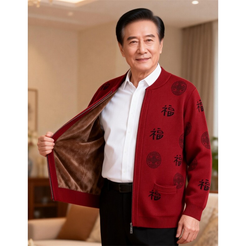 2026年秋季时尚百搭通勤简约休闲拉链福字,男装中老年男装,思涛羊绒