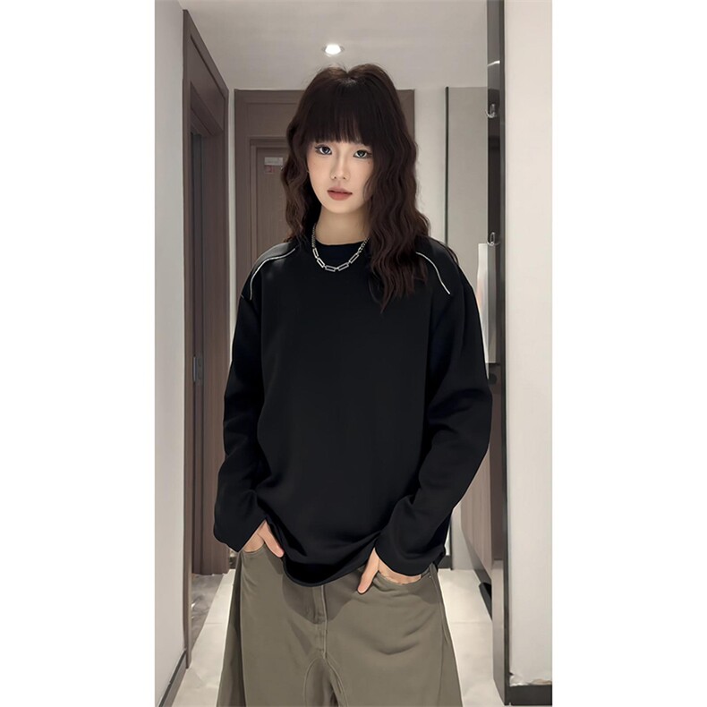 抖音得物高品质26春装设计感长袖打底衫纯色拉链肩圆领卫衣W123,男装T恤,电商A486-1