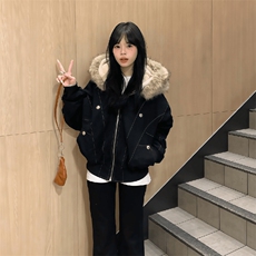 现货重磅boxy短款棉衣座山雕大毛毛领男女棉服水洗工装厚外套，男装棉衣，电商A486-1