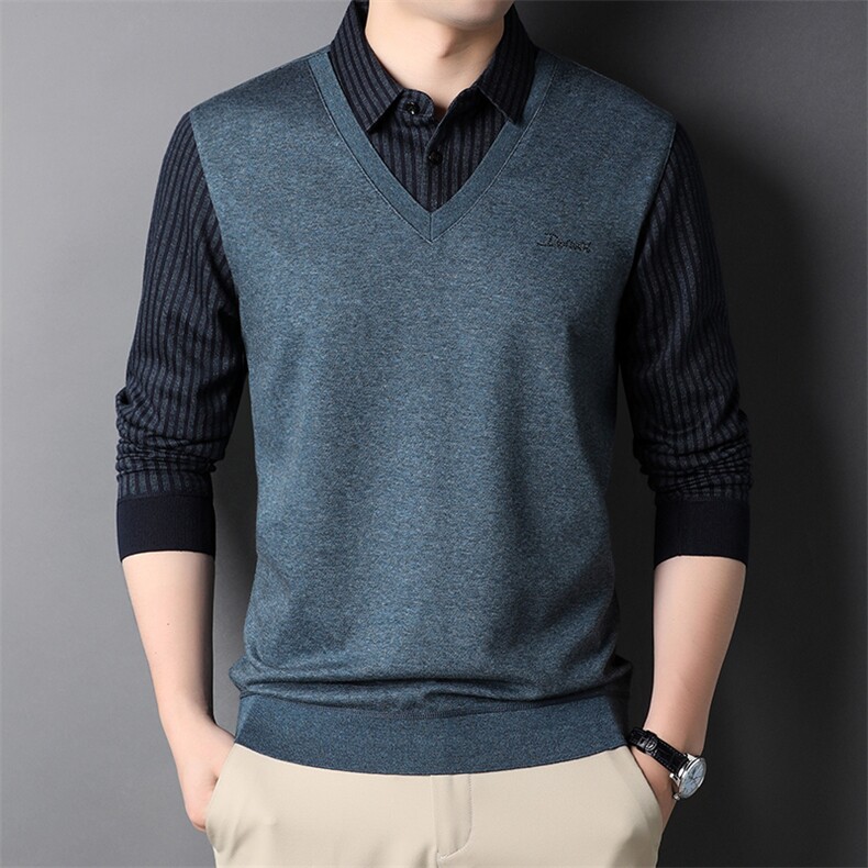 男士假两件套2023春秋季新款中年套头长袖T恤翻领男卫衣男装，男装卫衣，电商B212（原钱塘6029）