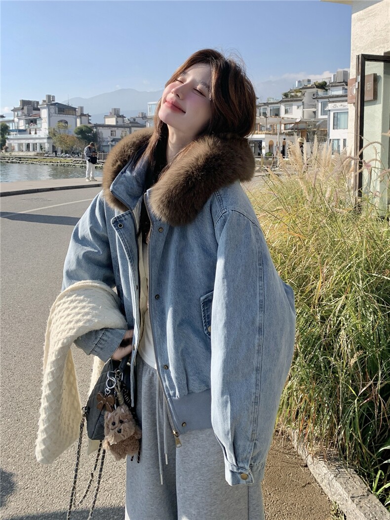 美式复古宽松加绒保暖羽绒内胆连帽牛仔外套女可拆卸毛领宽松夹克,女装羽绒服,艾米莉亚