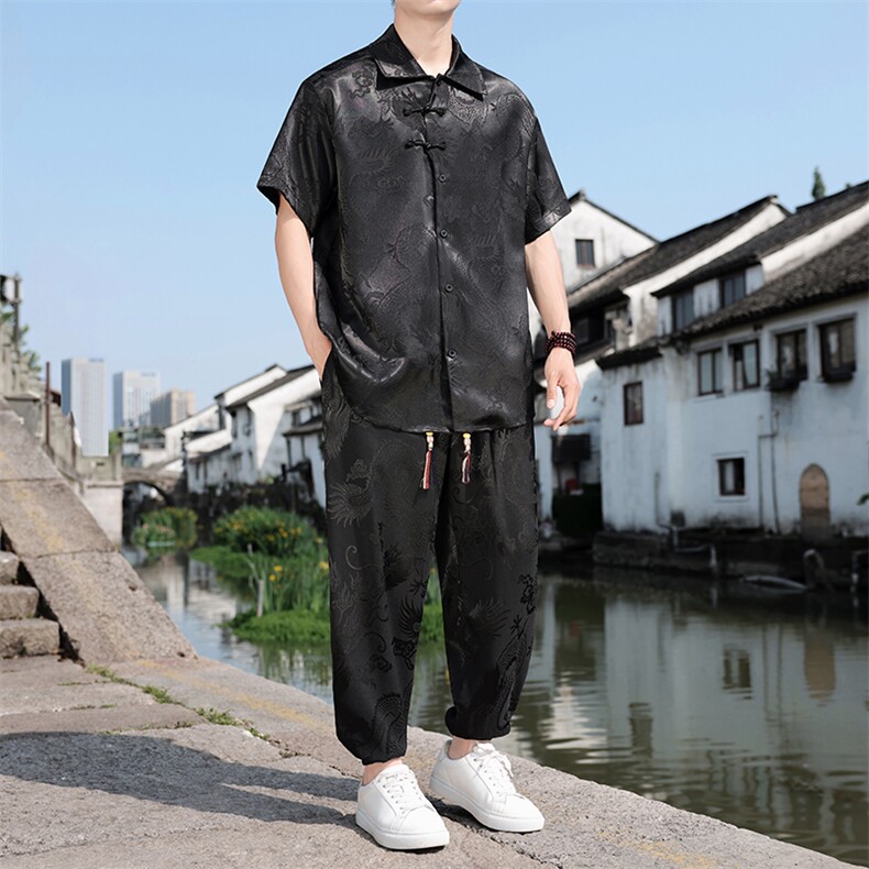 夏季冰丝风男士套装龙纹提花衬衫两件套A266-1-TZ250185-P70,男装衬衫,电商A266-1