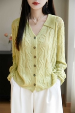 25春秋莱赛尔天丝针织毛衣开衫女POLO领镂空提花长袖宽松外套上衣，女装蕾丝衫/雪纺衫，暖烁羊绒