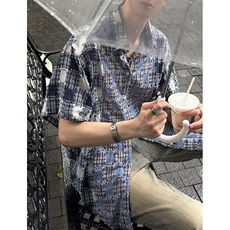 日系复古短袖衬衫男女港风格子小众设计感宽松领带衬衣夏CS82，男装T恤，星座1116A（原606A-3）