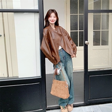 复古立领南瓜色皮衣短外套女春秋2025新款显瘦巨好看PU夹克高级感，女装皮衣，2C316